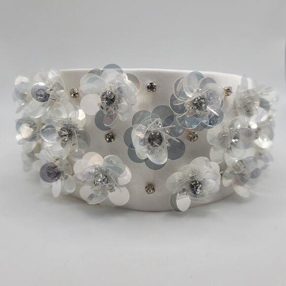 Lele Sadoughi Headband Brigitte Paillette Floral Crystal Wide Dove White NEW main image 8